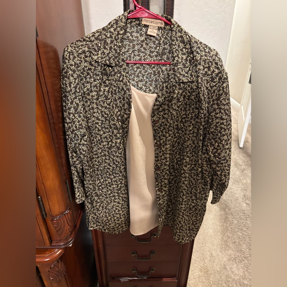 Notations Black-and-Cream Printed Open-Front blouse with Cream Shell